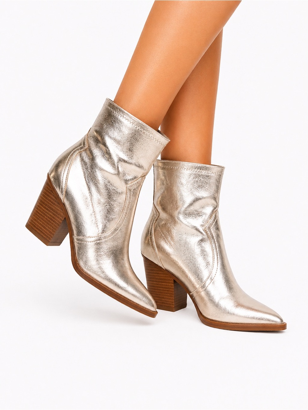 Mia Size 7.5 Metallic Silver Ankle Boots - Gold Women's Western Block Heel